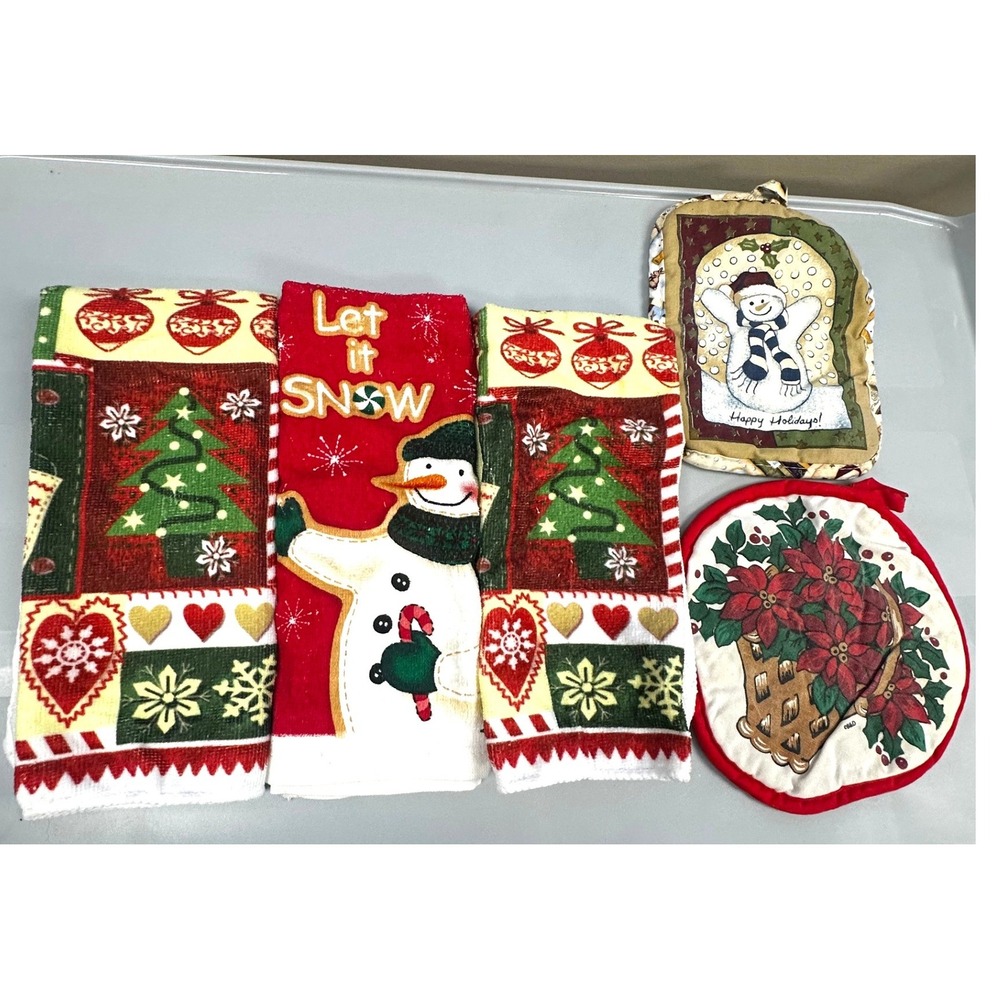 Christmas Kitchen Towel and Pot Holder 5 pc Set Snowman Poinsettia Holiday Decor